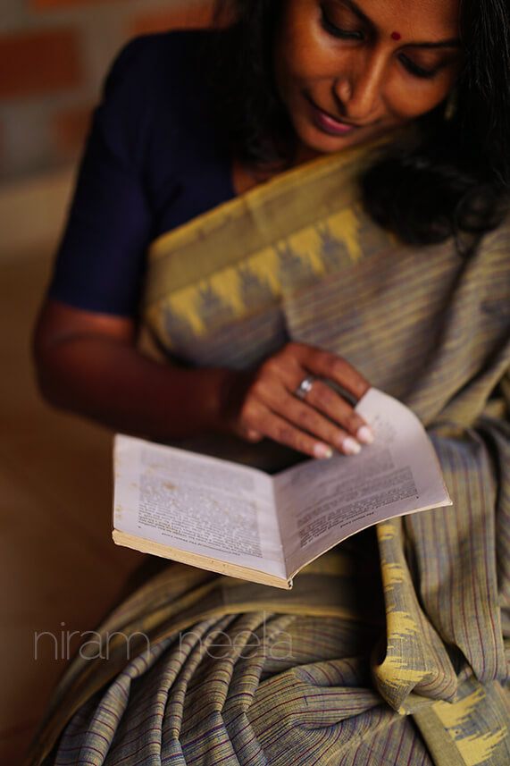 Khaki striped Ponduru handspun cotton saree - Niram Neela