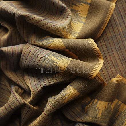 Khaki striped Ponduru handspun cotton saree - Niram Neela