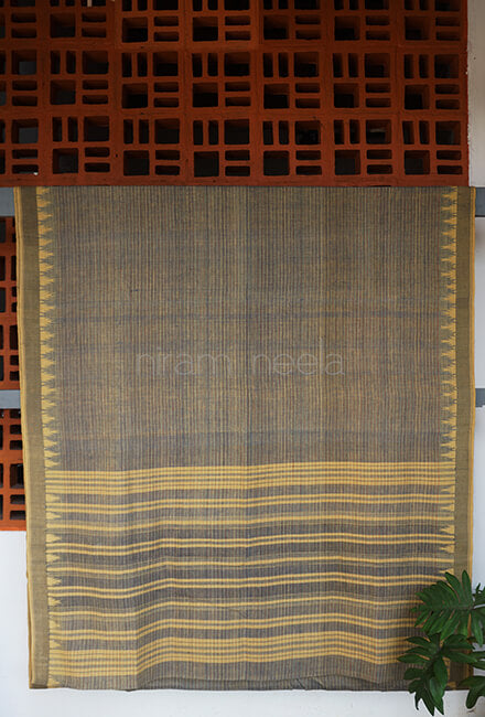 Khaki striped Ponduru handspun cotton saree - Niram Neela