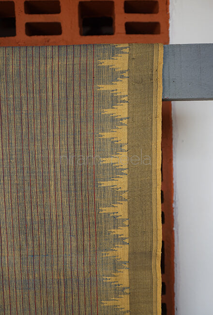 Khaki striped Ponduru handspun cotton saree - Niram Neela