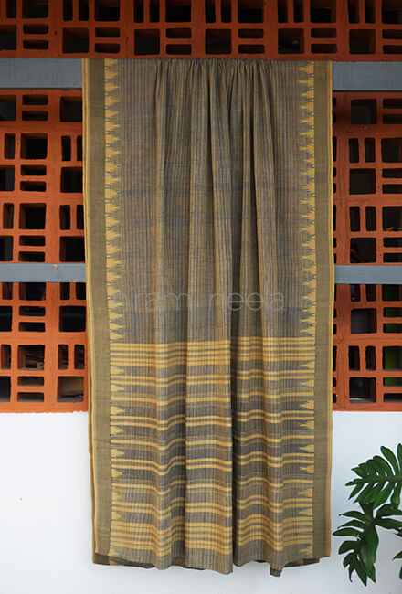 Khaki striped Ponduru handspun cotton saree - Niram Neela