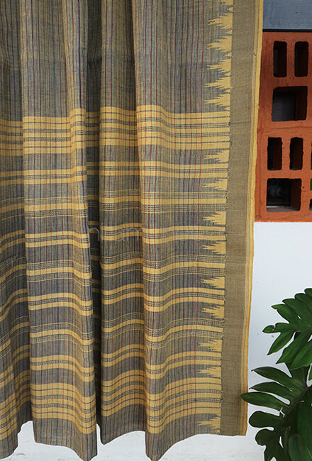 Khaki striped Ponduru handspun cotton saree - Niram Neela