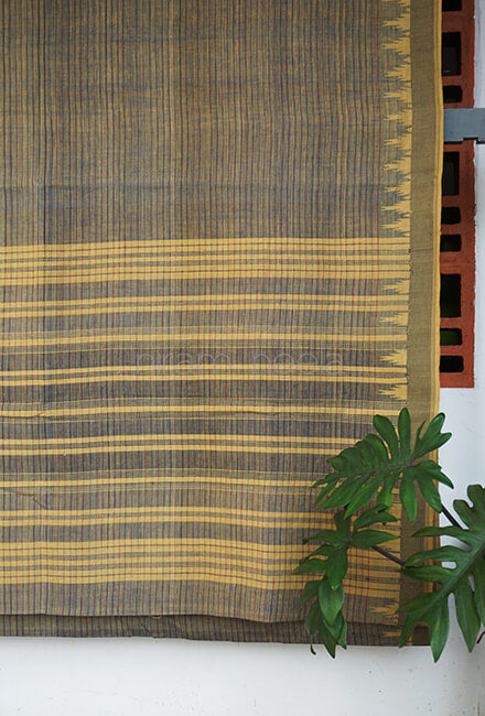 Khaki striped Ponduru handspun cotton saree - Niram Neela