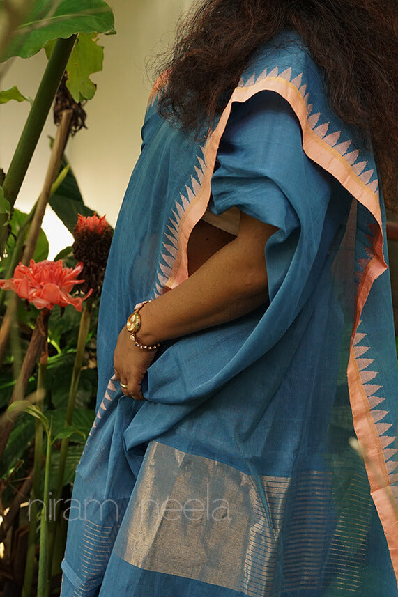 Blue and salmon Ponduru handspun cotton saree- - Niram Neela