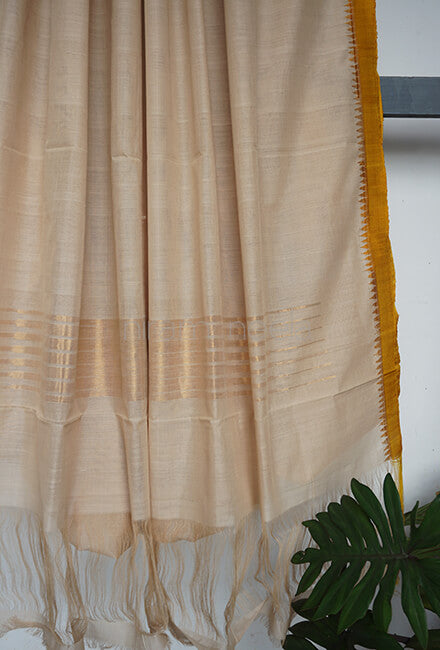 Cream and yellow Ponduru handspun cotton saree - Niram Neela