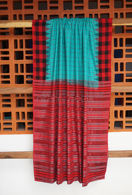 Teal green and red Orissa Phoda Kumbha cotton saree - Niram Neela