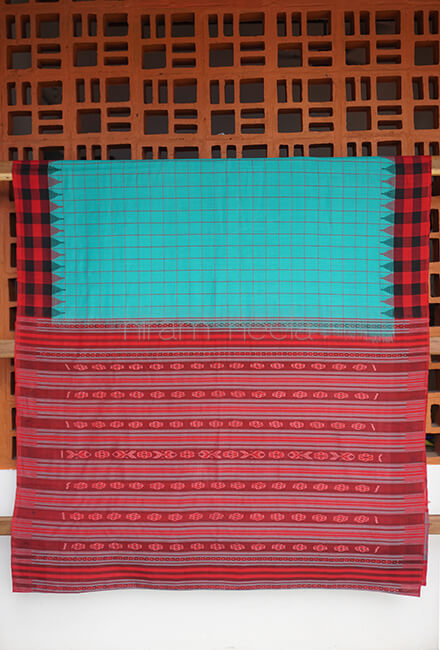 Teal green and red Orissa Phoda Kumbha cotton saree - Niram Neela