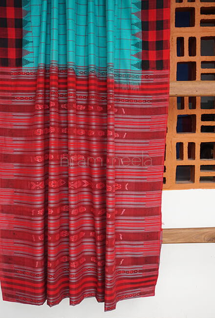 Teal green and red Orissa Phoda Kumbha cotton saree - Niram Neela