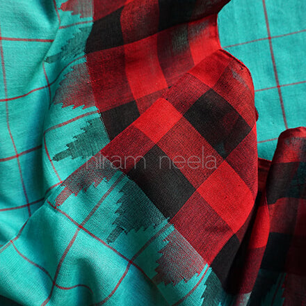 Teal green and red Orissa Phoda Kumbha cotton saree - Niram Neela