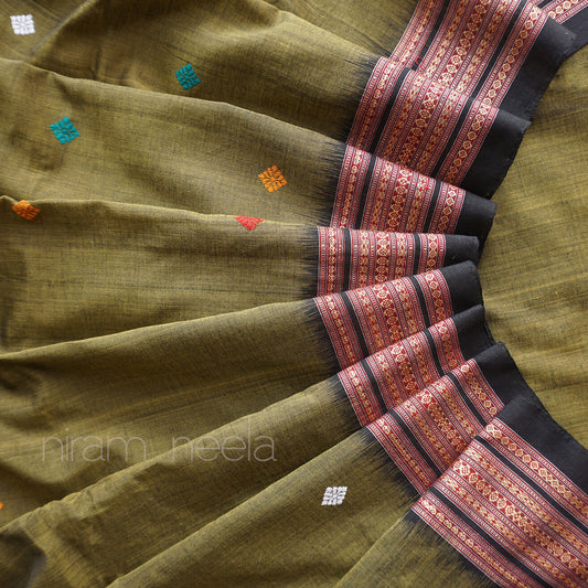 Olive green and black Dhalapathar cotton saree - Niram Neela