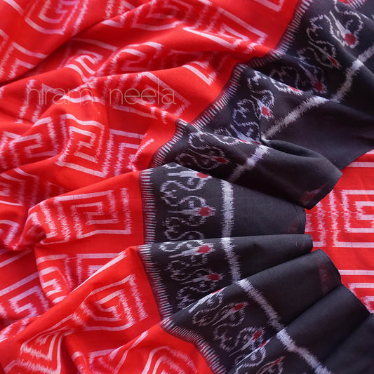 Red and black Sambalpuri ikat cotton saree - Niram Neela