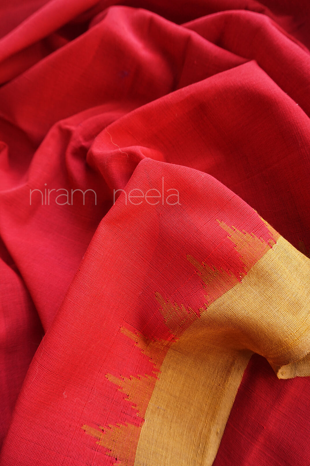 Red and olive Orissa Phoda Kumbha cotton saree - Niram Neela