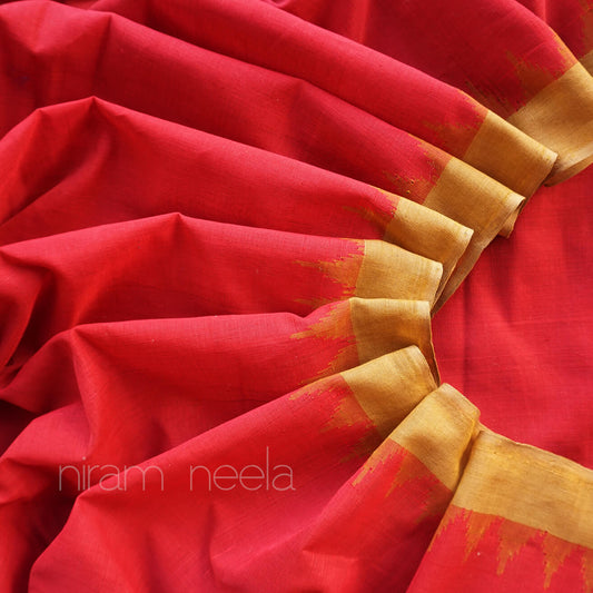 Red and olive Orissa Phoda Kumbha cotton saree - Niram Neela