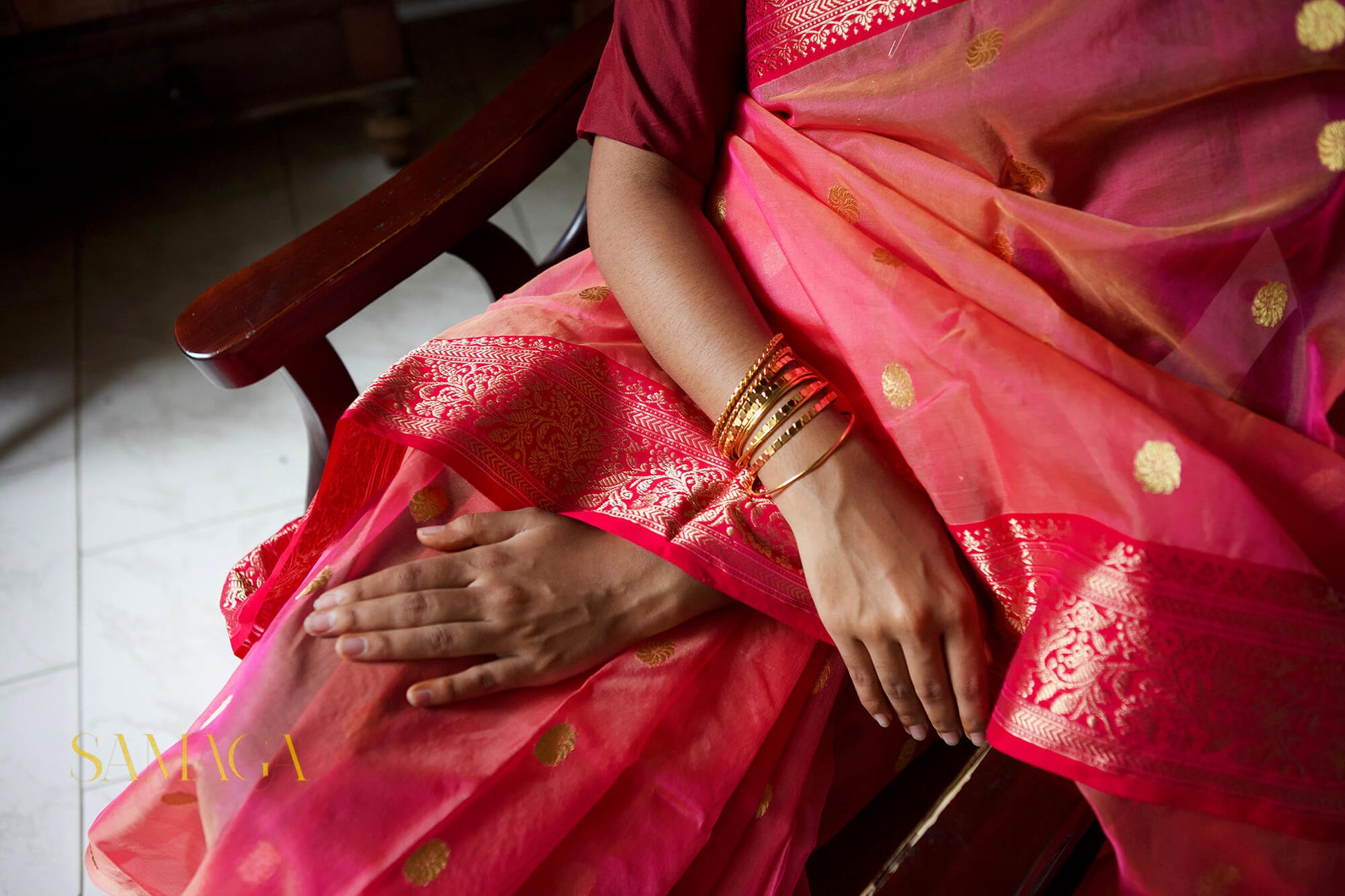 Peach and pink Chanderi silk organza saree - Niram Neela