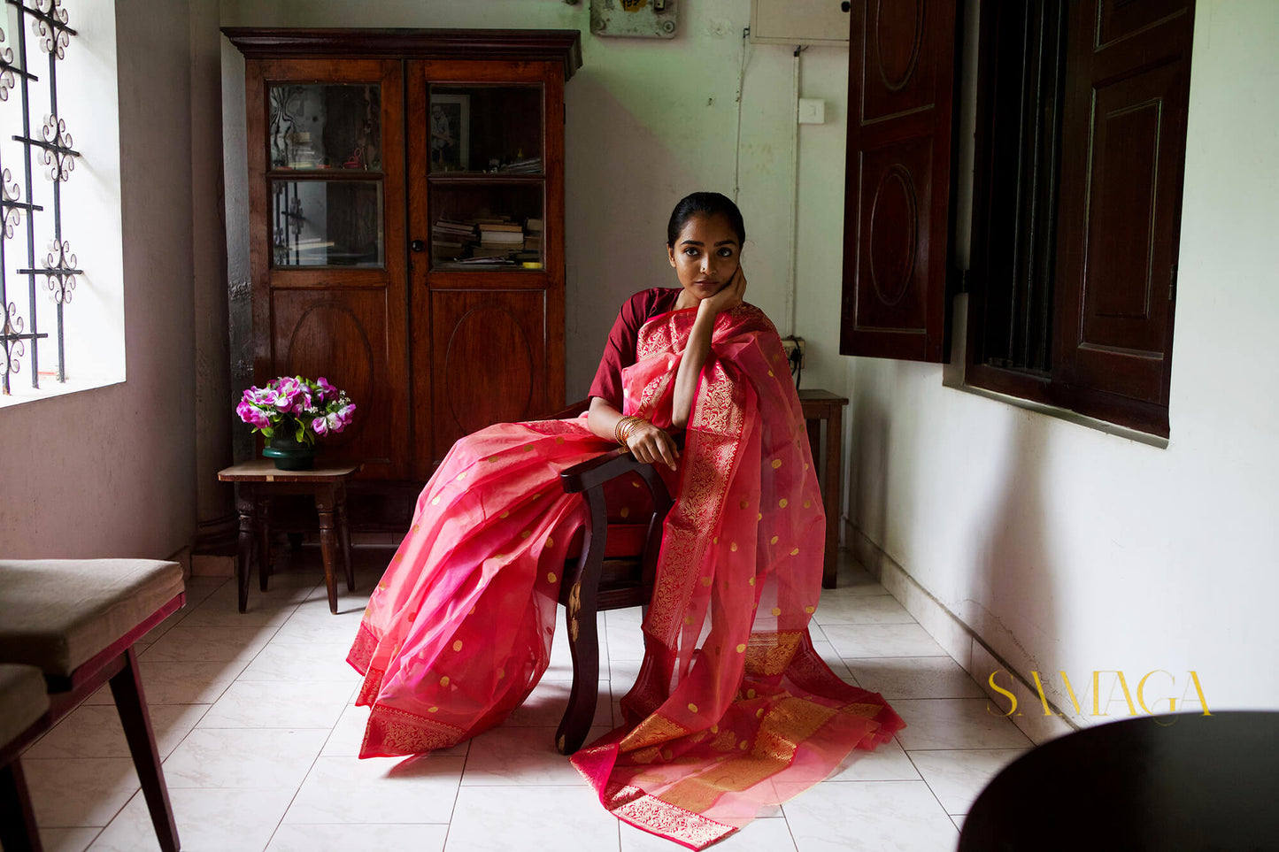 Peach and pink Chanderi silk organza saree - Niram Neela