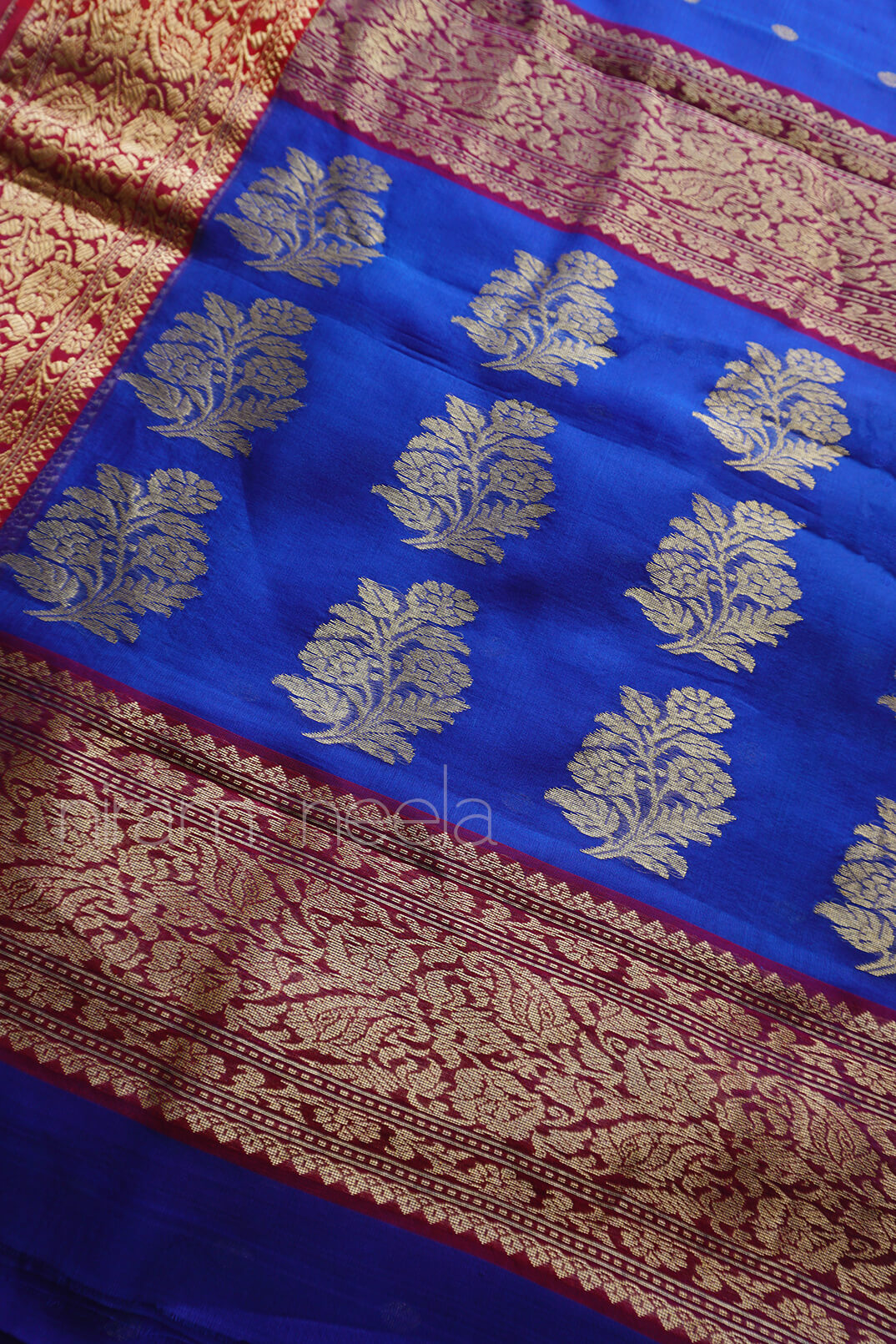 Blue and red Chanderi silk organza saree - Niram Neela