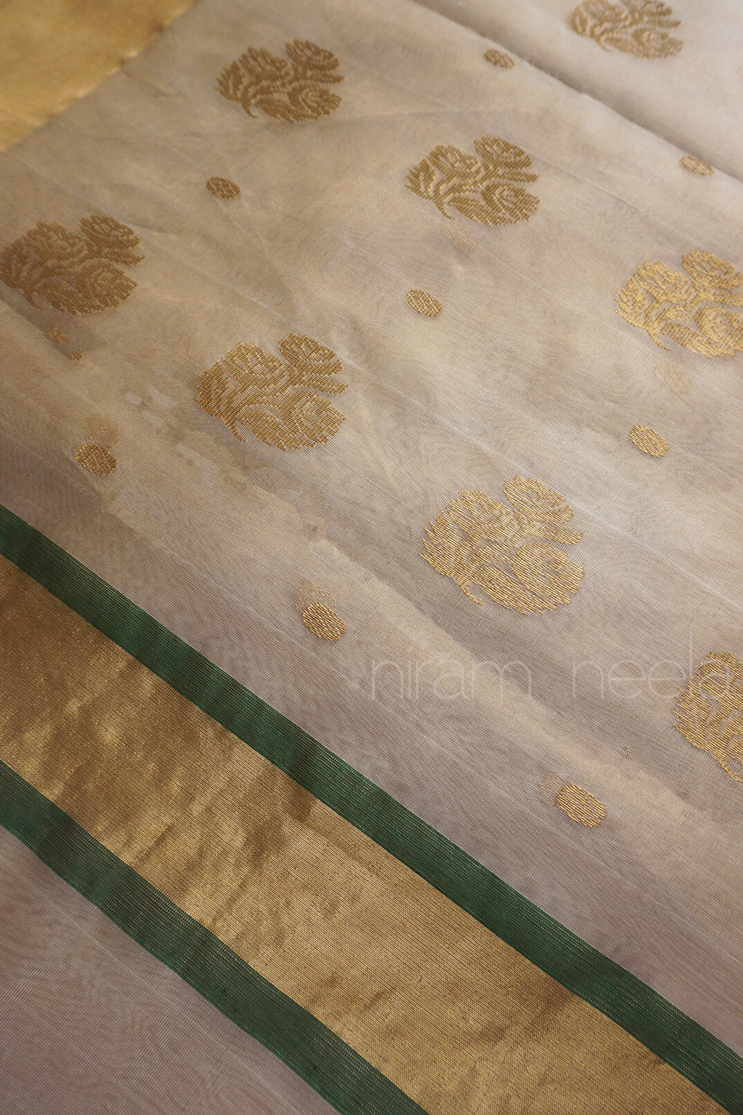 Cream and green Chanderi katan silk tissue saree | Niram Neela