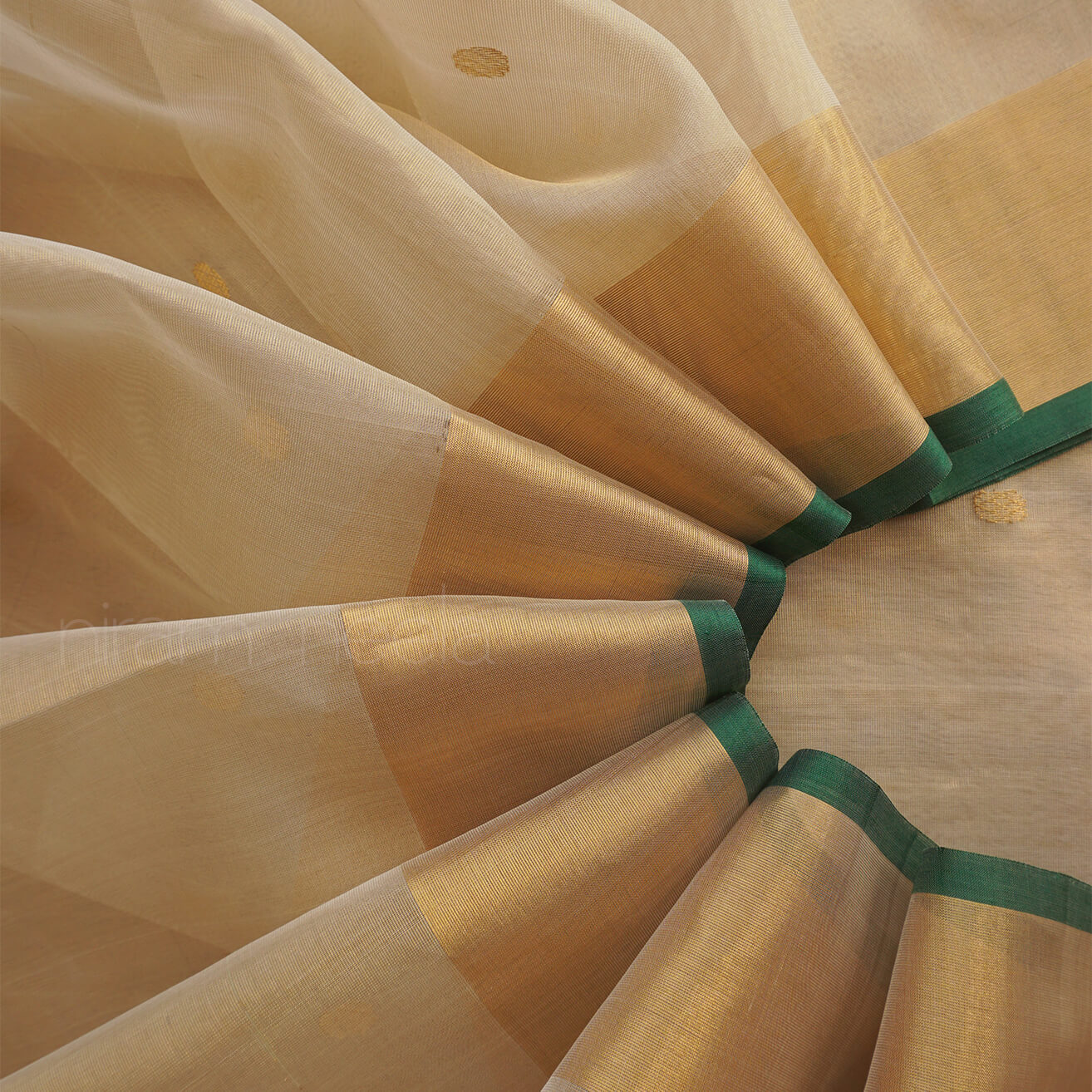 Cream and green Chanderi katan silk tissue saree | Niram Neela