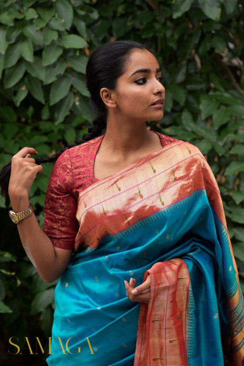 Blue and orange Paithani muniya brocade saree - Niram Neela