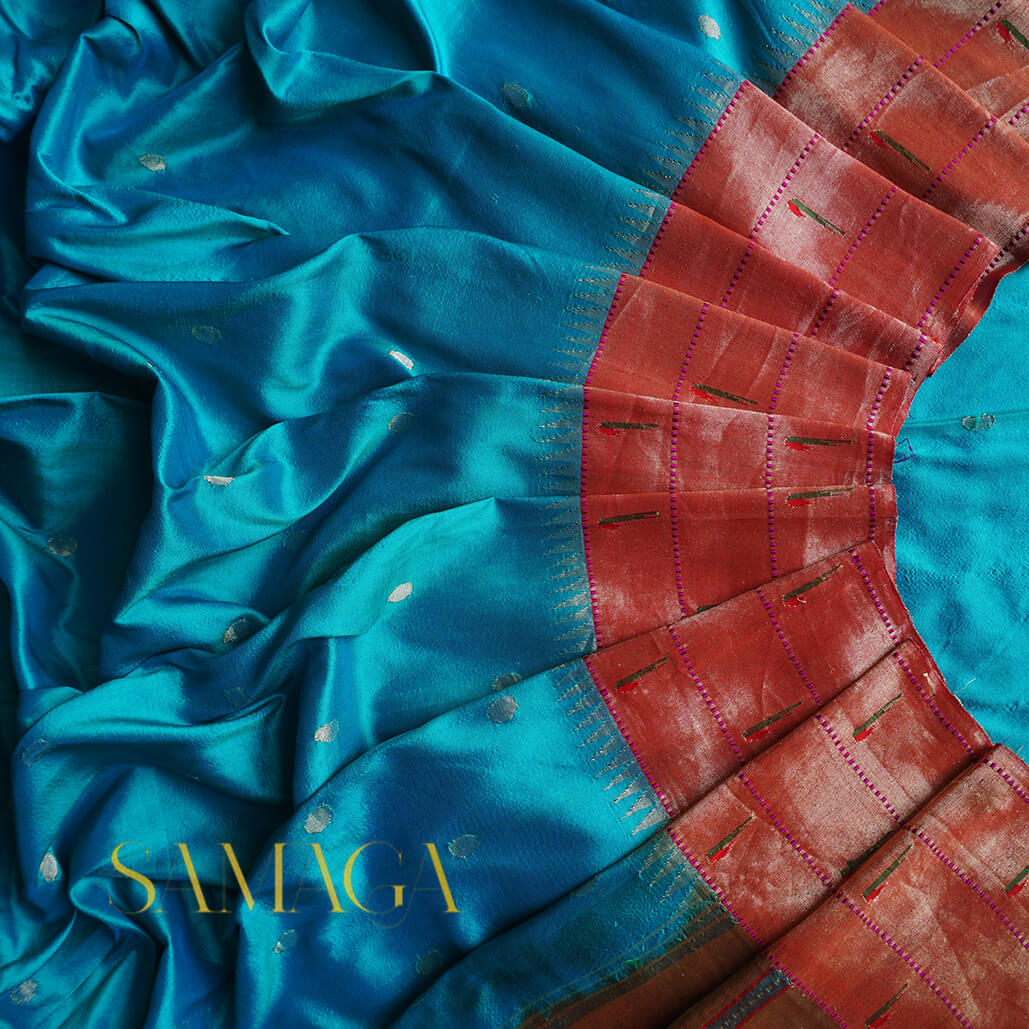 Blue and orange Paithani muniya brocade saree - Niram Neela