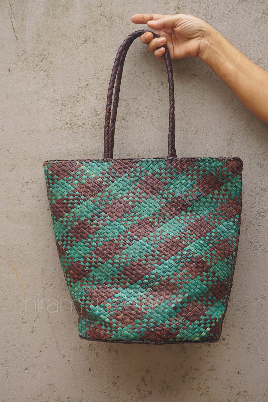 Green and brown handmade screwpine tote bag | Ladies handbag by Niram Neela