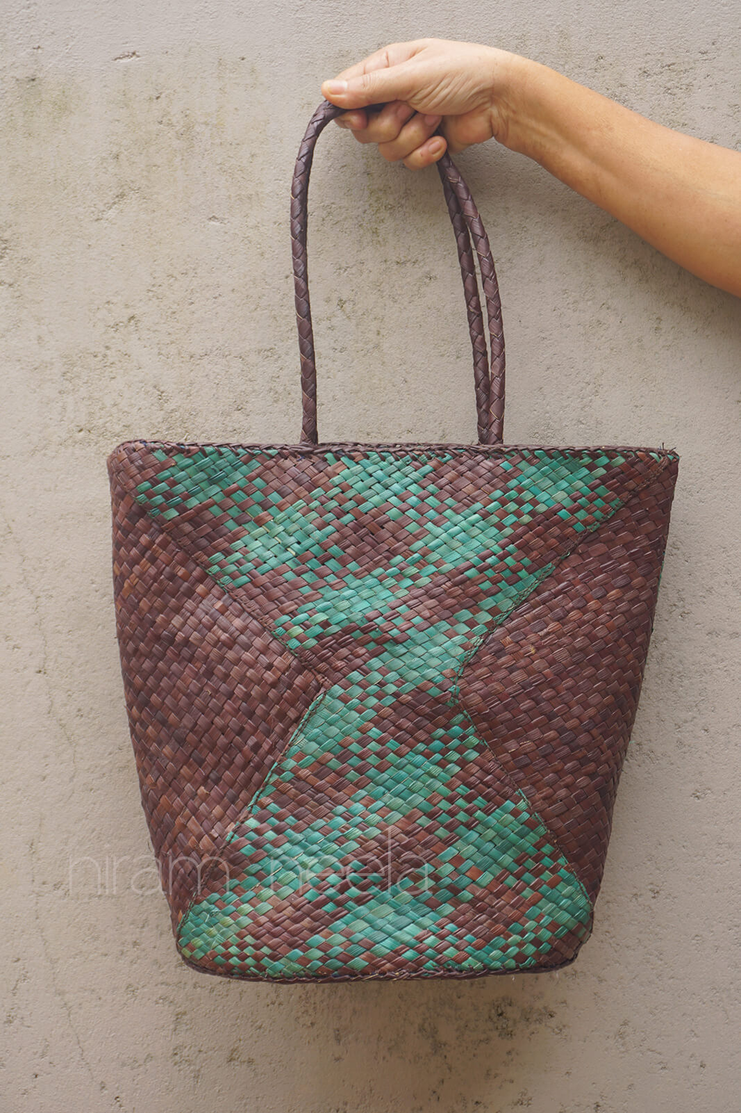 Green and brown handmade screwpine tote bag | Ladies handbag by Niram Neela