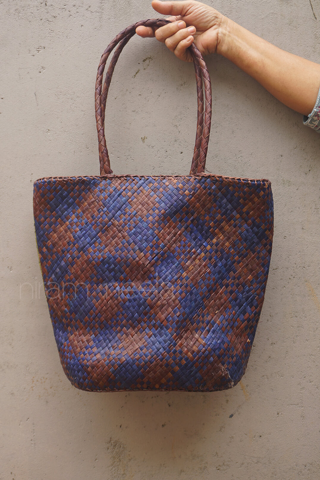 Blue and brown handmade screwpine tote bag | Niram Neela