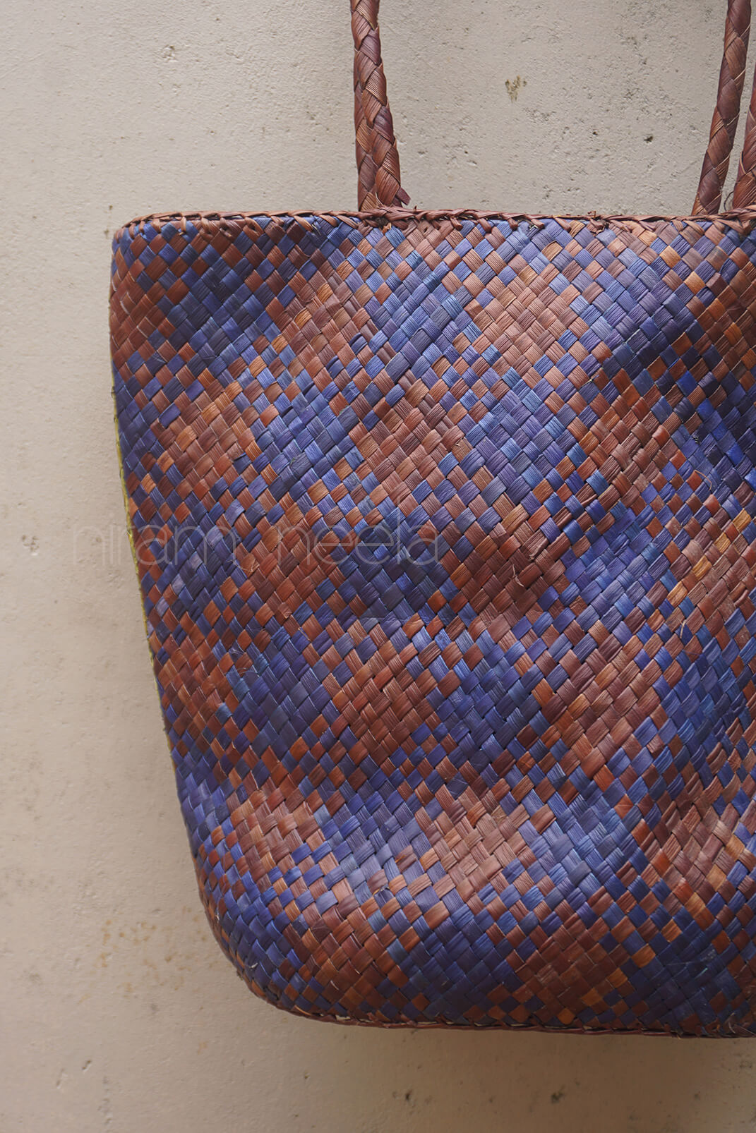 Blue and brown handmade screwpine tote bag | Niram Neela