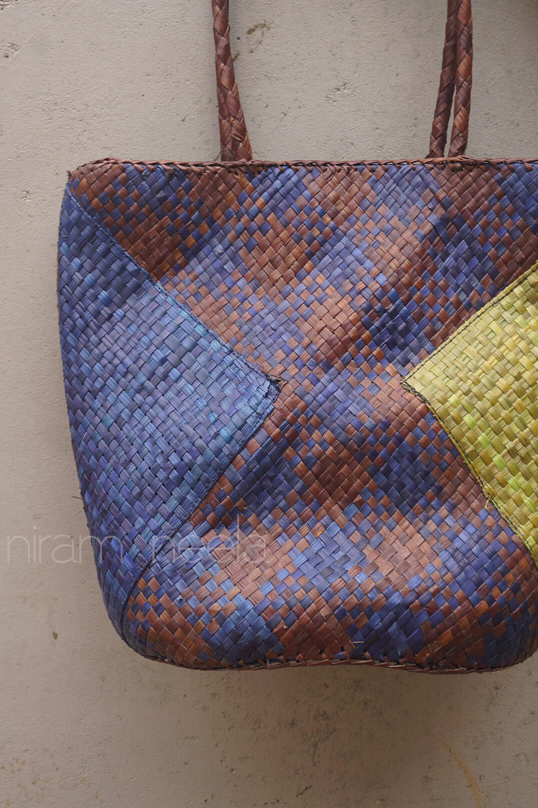 Blue and brown handmade screwpine tote bag | Niram Neela