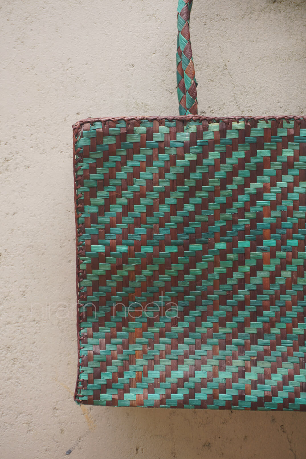 Green and brown handmade screwpine rectangle tote bag | Niram Neela