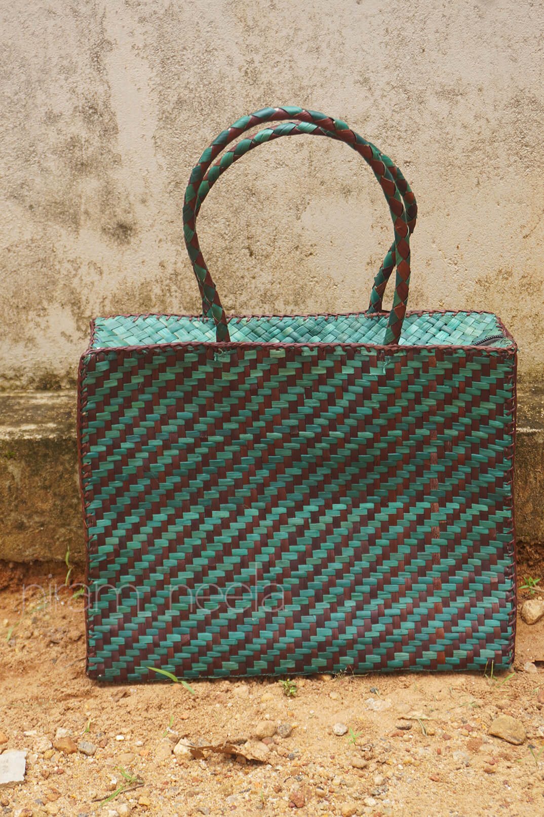 Green and brown handmade screwpine rectangle tote bag | Niram Neela