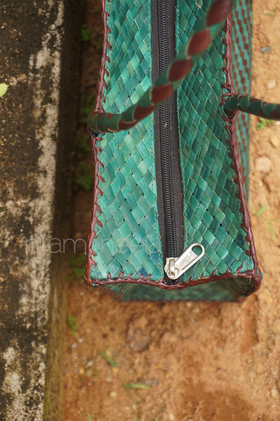 Green and brown handmade screwpine rectangle tote bag | Niram Neela