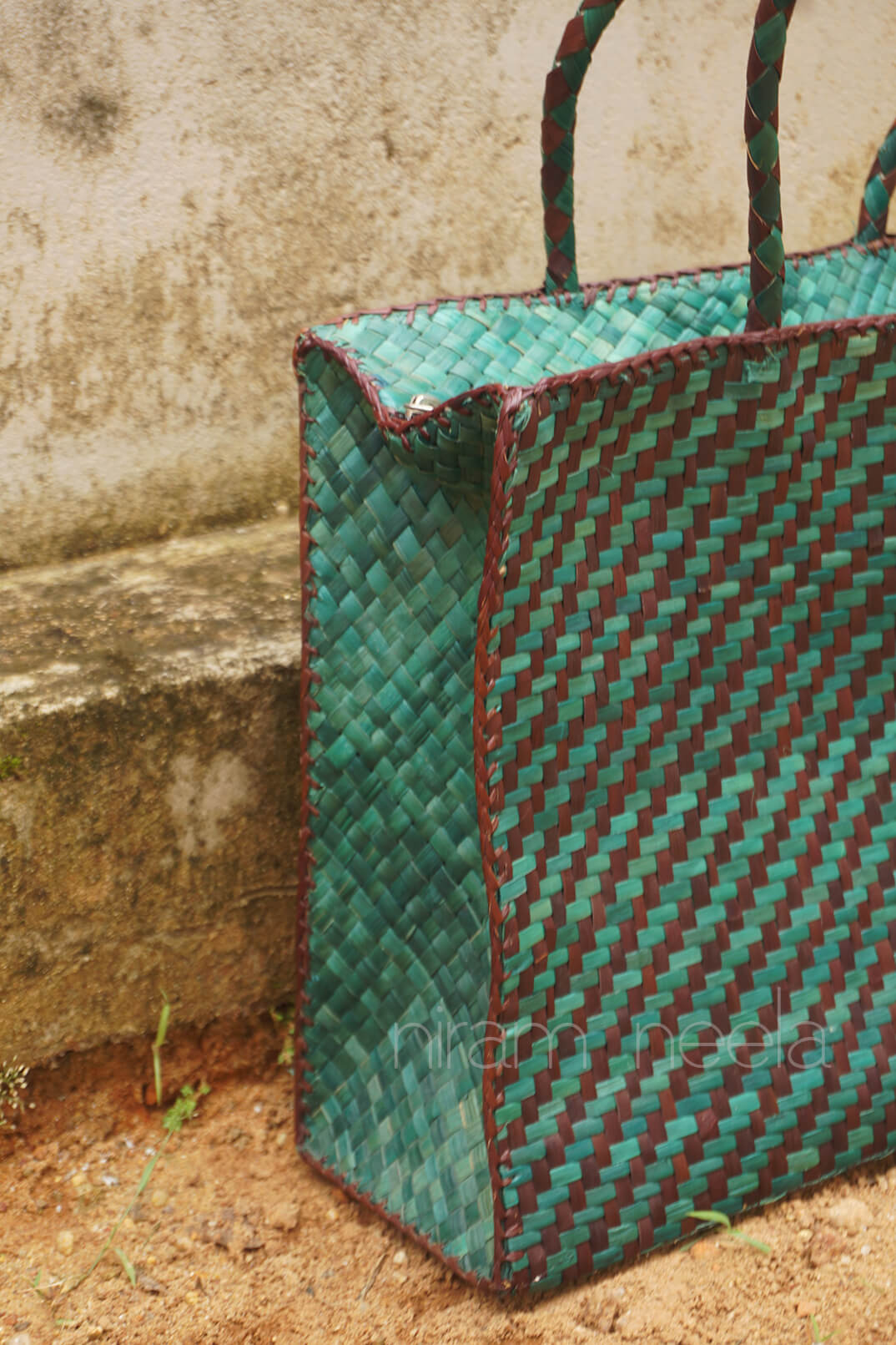 Green and brown handmade screwpine rectangle tote bag | Niram Neela