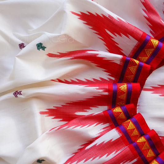 White and red Dongria silk saree - Niram Neela