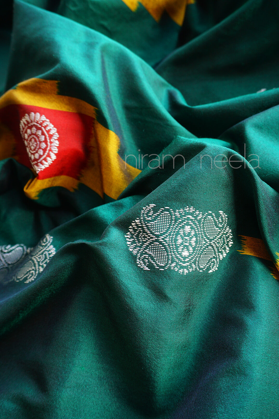 Green and yellow Sambalpuri ikat silk saree - Niram Neela