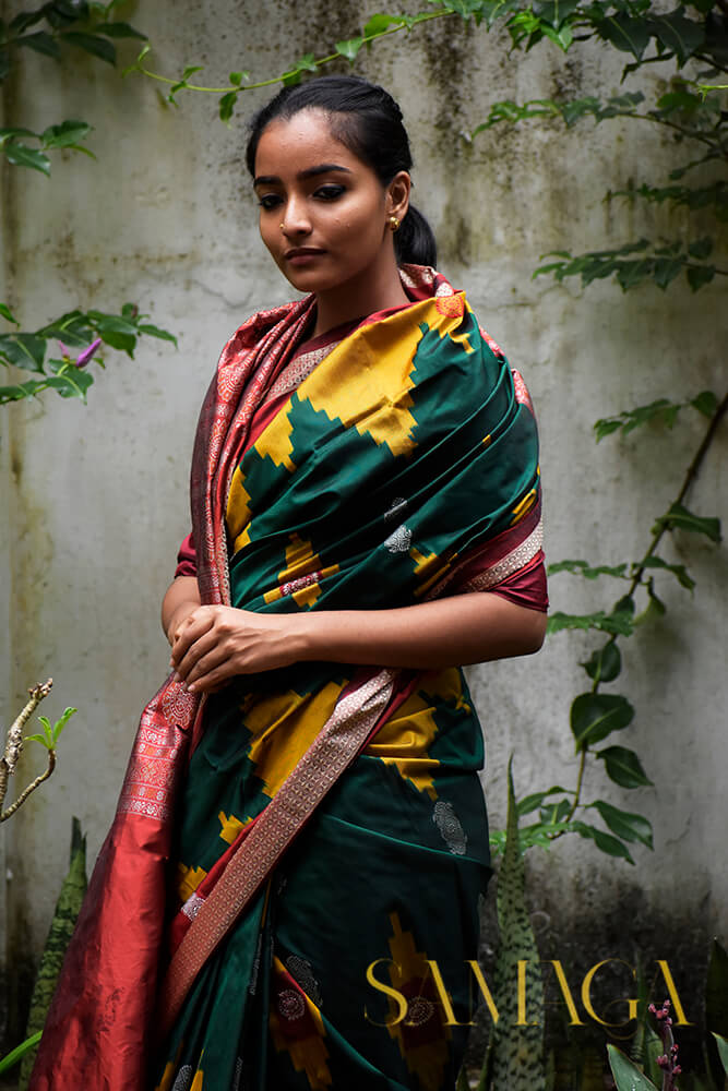 Green and yellow Sambalpuri ikat silk saree - Niram Neela