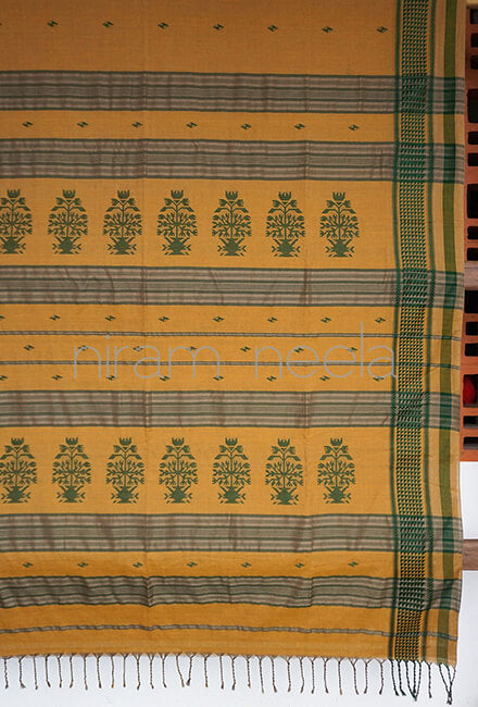 Ochre and green Sausar cotton saree - Niram Neela