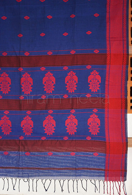 Blue and red Sausar cotton saree - Niram Neela