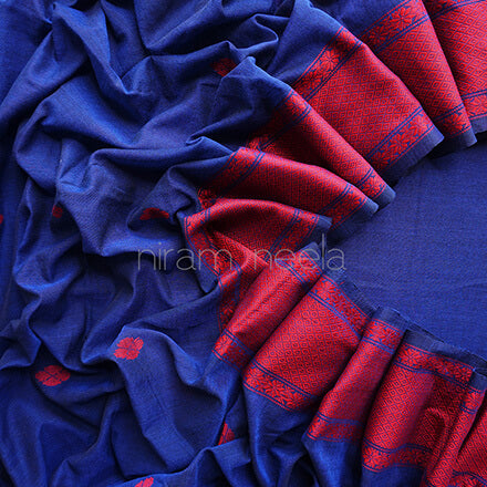 Blue and red Sausar cotton saree - Niram Neela