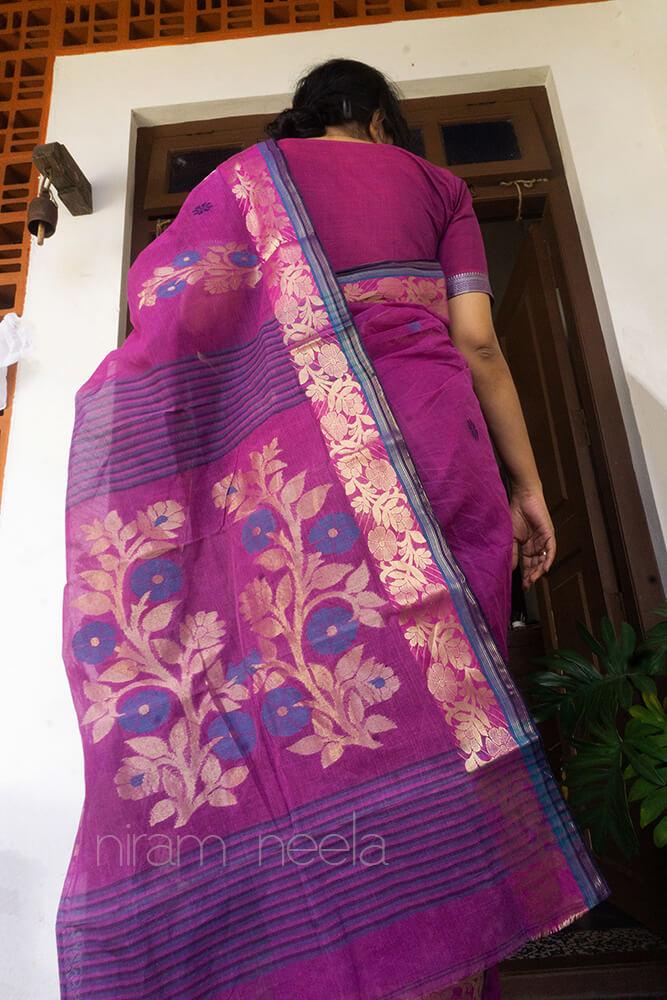 Magenta tangail cotton saree- - Niram Neela