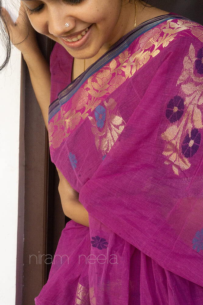 Magenta tangail cotton saree- - Niram Neela