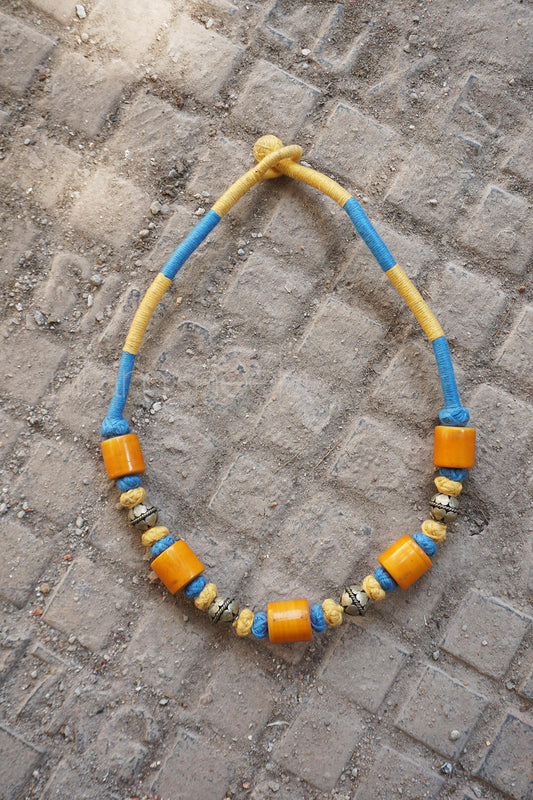 Yellow and blue handmade wooden neckpiece - Niram Neela