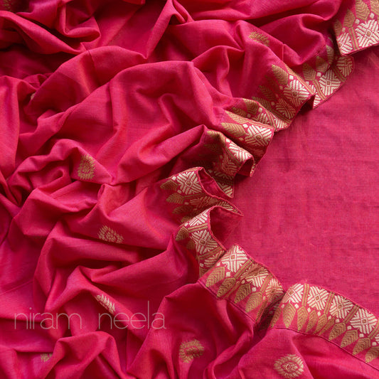 Candy pink and beige Assam cotton saree - Niram Neela