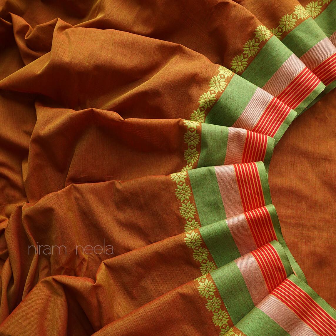 Brown and green Begumpuri cotton saree - Niram Neela