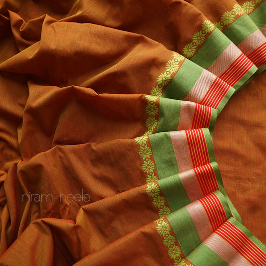 Brown and green Begumpuri cotton saree - Niram Neela