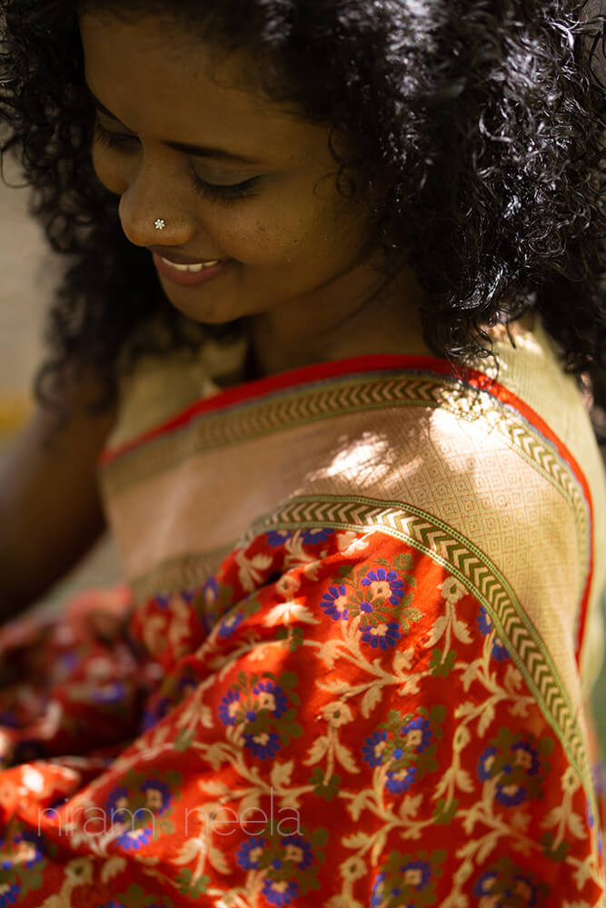 Red and beige Banarasi silk chiffon saree- - Niram Neela