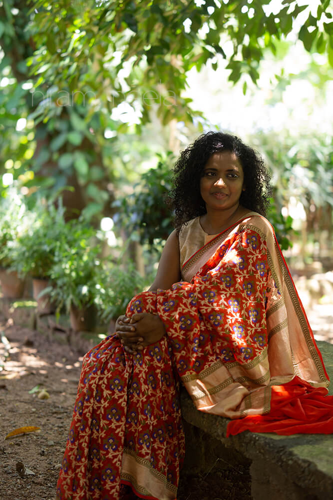 Red and beige Banarasi silk chiffon saree- - Niram Neela