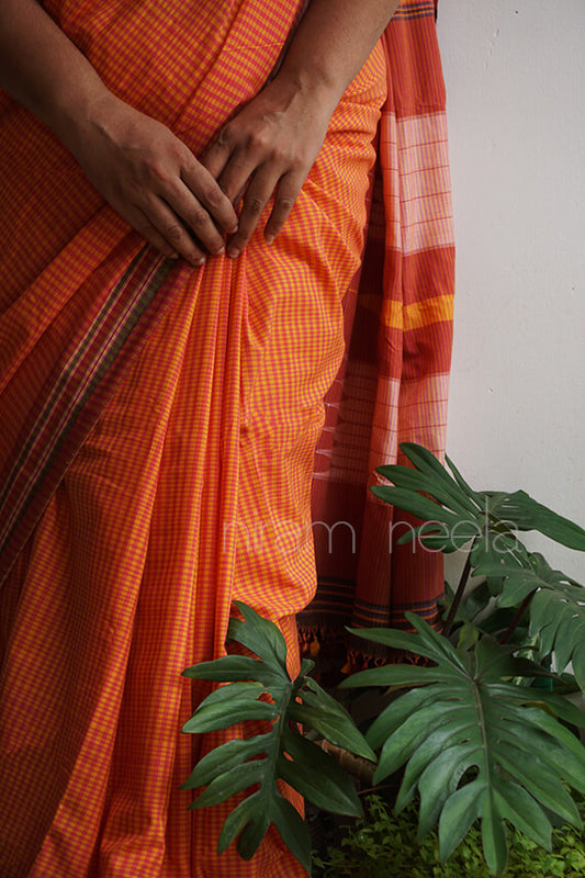 Orange check Ilkal cotton saree - Niram Neela